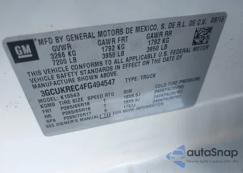 2015 Chevrolet Silverado 1500 1Lt from USA, damaged, VIN 3GCUKREC4FG494547